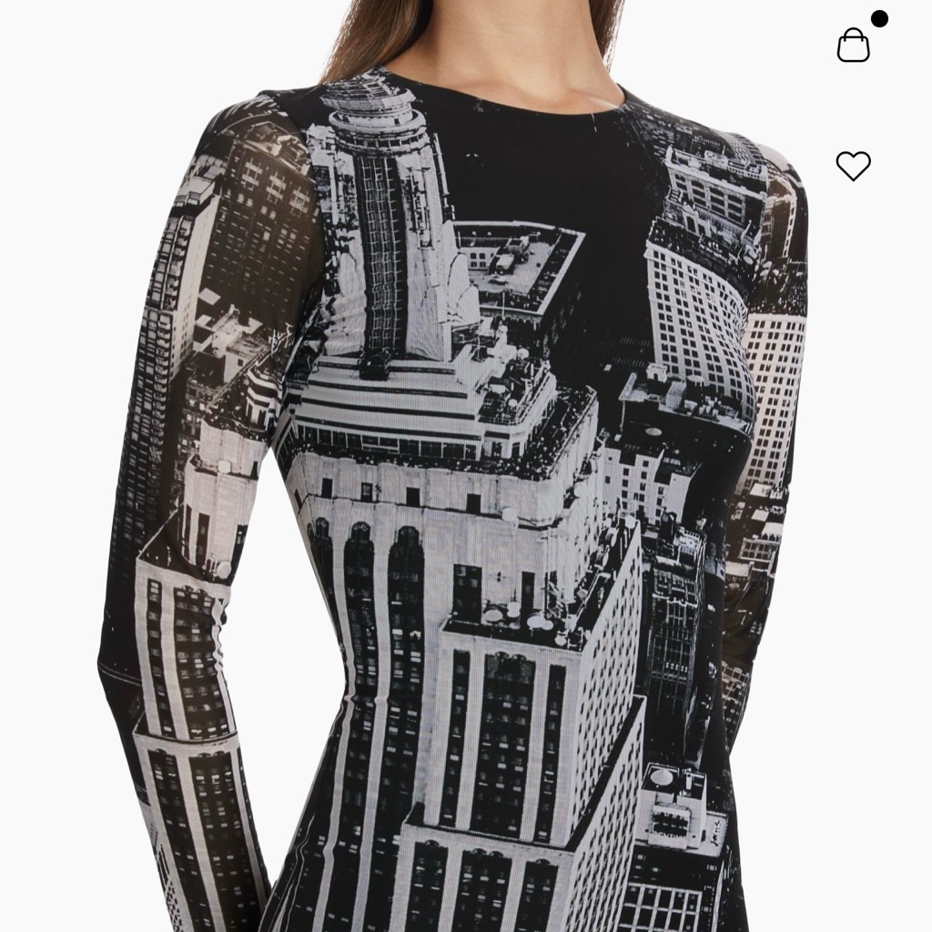 Midi Length Mesh Dress With Cityscape Print Long Sleeve